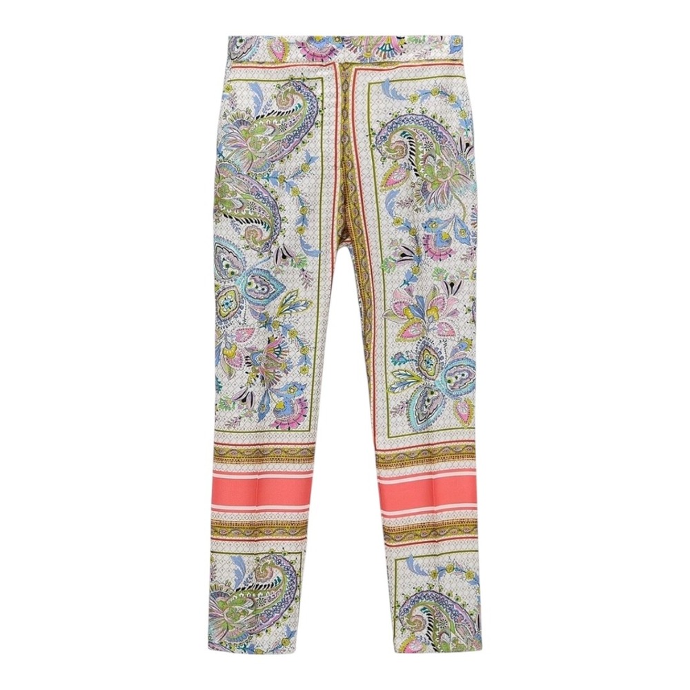 Zara Multicolor Paisley Straight-Leg Pants with Coral Stripe